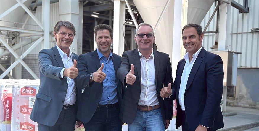 Vor Ort bei BÖRNER in Bad Hersfeld (v.l.n.r.): Pierre-Étienne Bindschedler (Präsident der SOPREMA Gruppe), Michael Börner (Prokurist BÖRNER), Winfried Traub (Geschäftsführer SOPREMA GmbH und BÖRNER), Christophe Feist (Managing Director SOPREMA GmbH)